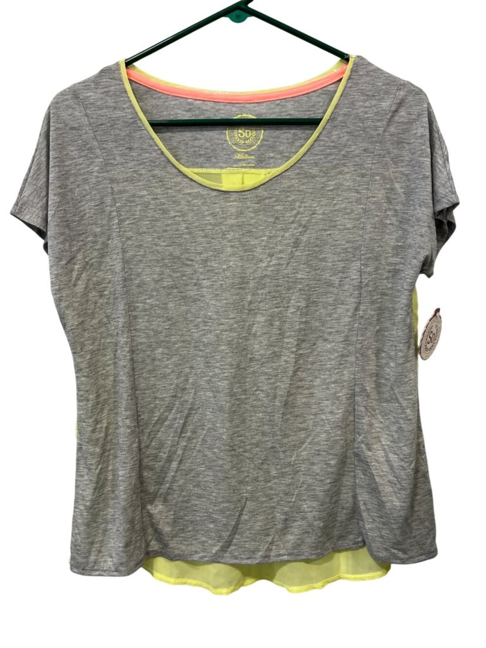 SO Top Medium Knit Woven Sheer Short Sleeve Colorblock Gray Yellow Chiffon NEW